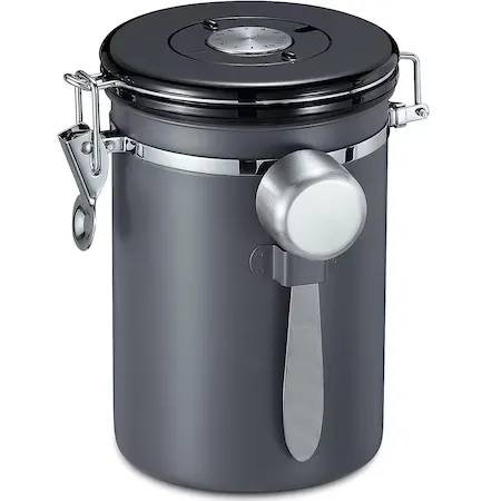 Rezervor de depozitare a cafelei, Amtok, 1.8L, otel inoxidabil, cu lingura, urmaritor de date si supapa de eliberare a aerului Rezervor de depozitare a cafelei